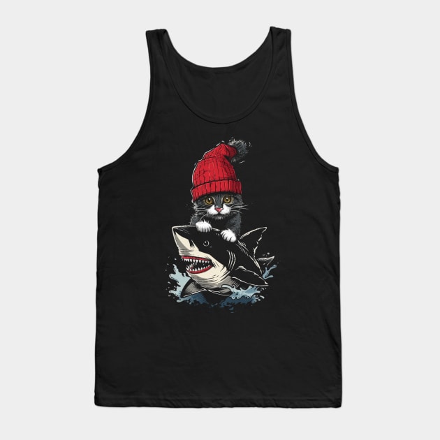 Cat Riding Shark Whiskered Adventure Tank Top by BilodeauBlue